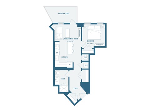 Floor plan for 1 bed, 1 bath, 640 sqft